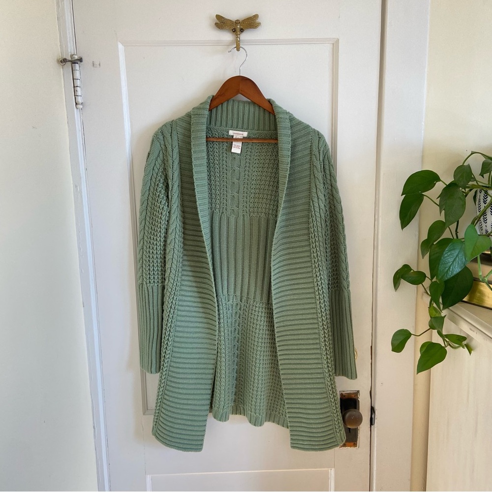 SUNDANCE Green Cable Knit Long Line Open Front Women's‎ Cardigan Small